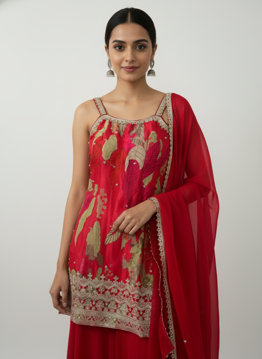 Red Floral Embroidered Sharara Set with Dupatta