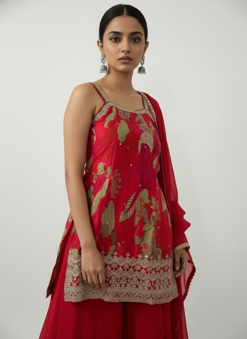 Red Floral Embroidered Sharara Set with Dupatta