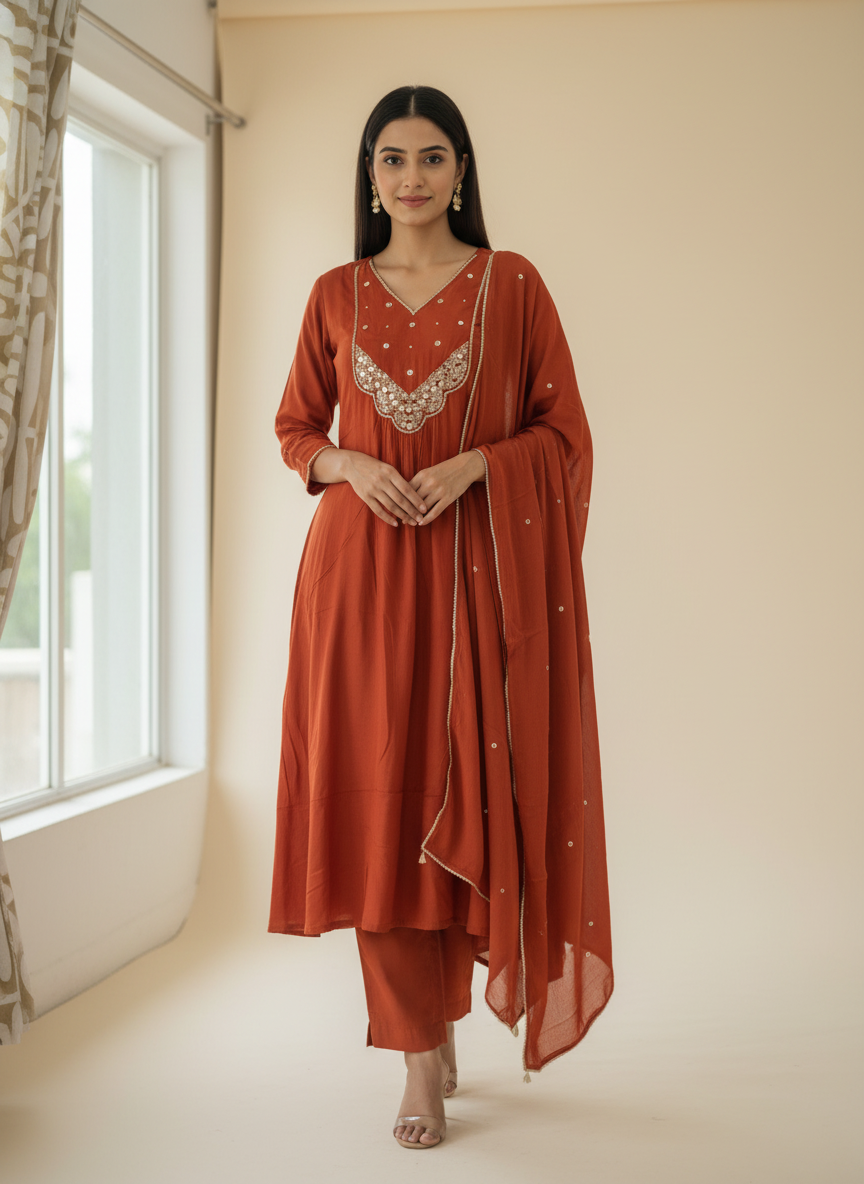 Rust Orange Embroidered Anarkali Kurta Set with Dupatta