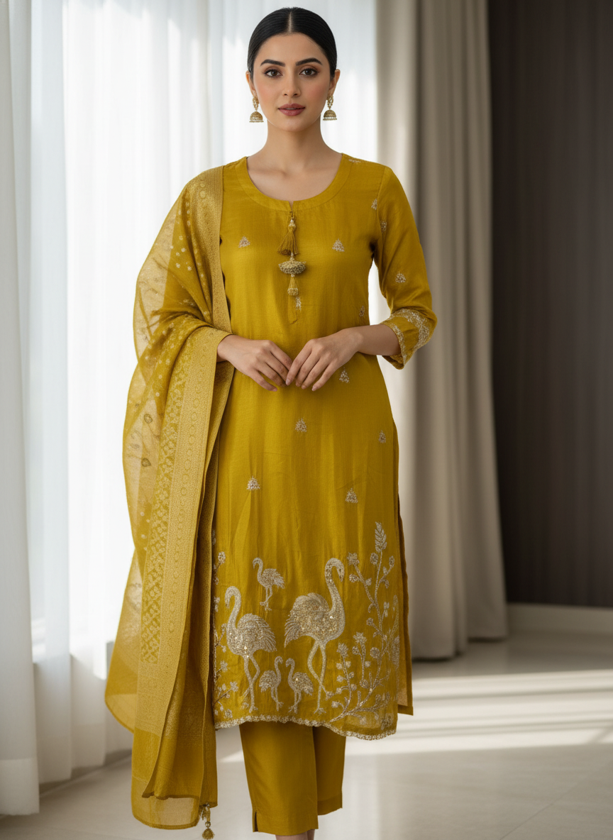 Mustard Yellow Flamingo Embroidered Kurta Set with Dupatta