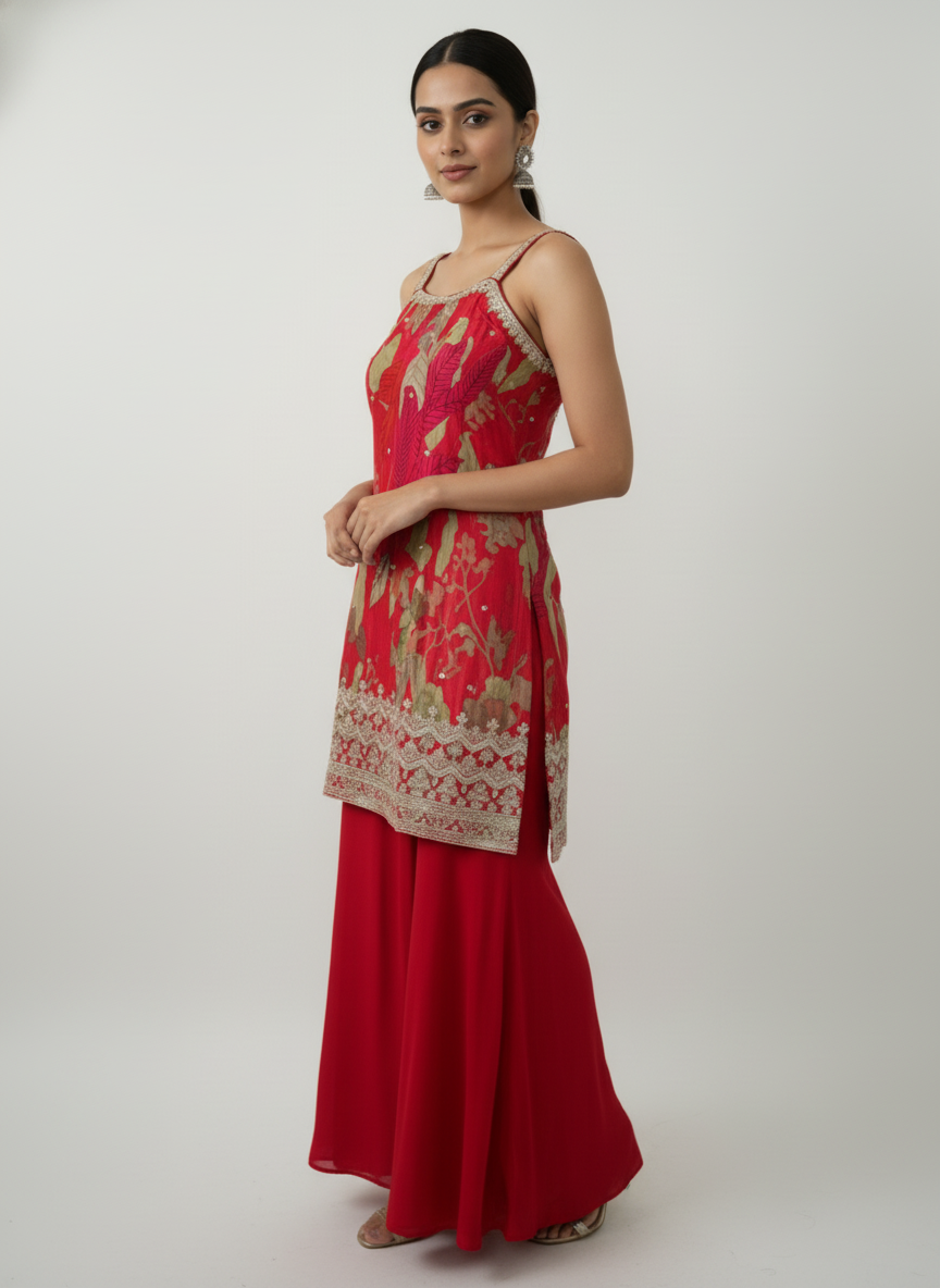 Red Floral Embroidered Sharara Set with Dupatta