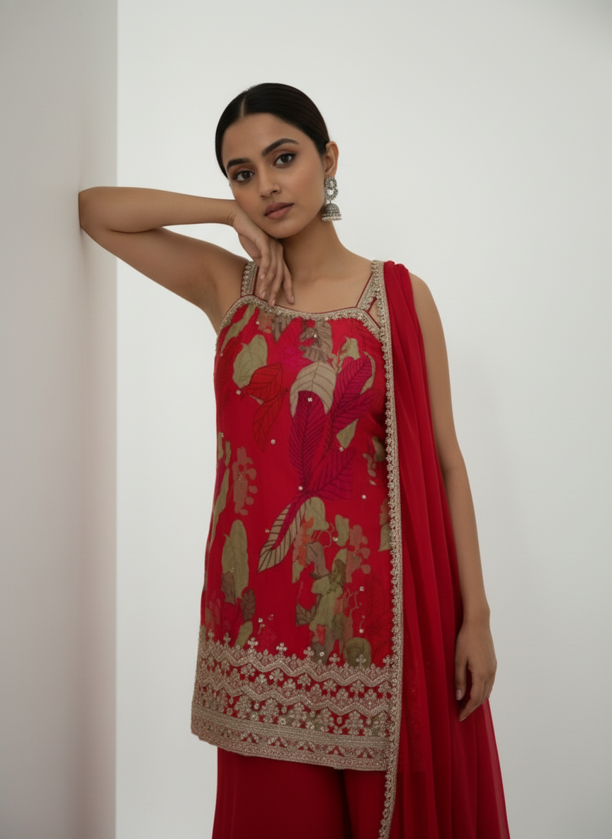 Red Floral Embroidered Sharara Set with Dupatta