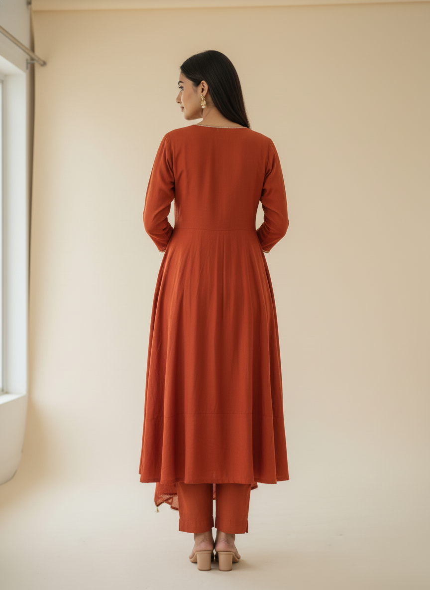 Rust Orange Embroidered Anarkali Kurta Set with Dupatta