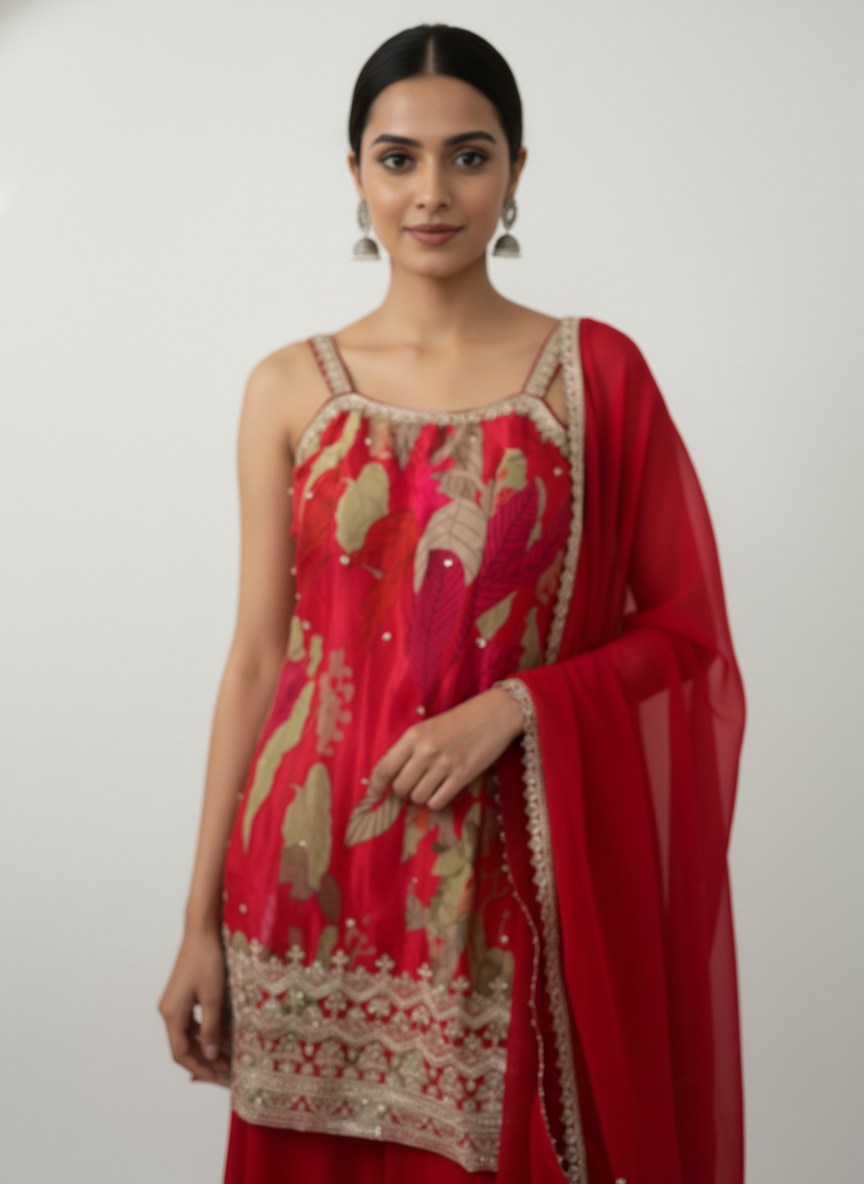 Red Floral Embroidered Sharara Set with Dupatta