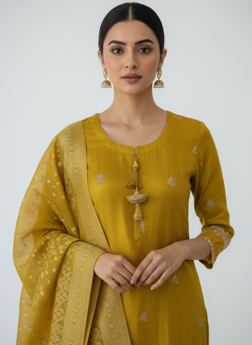 Mustard Yellow Flamingo Embroidered Kurta Set with Dupatta