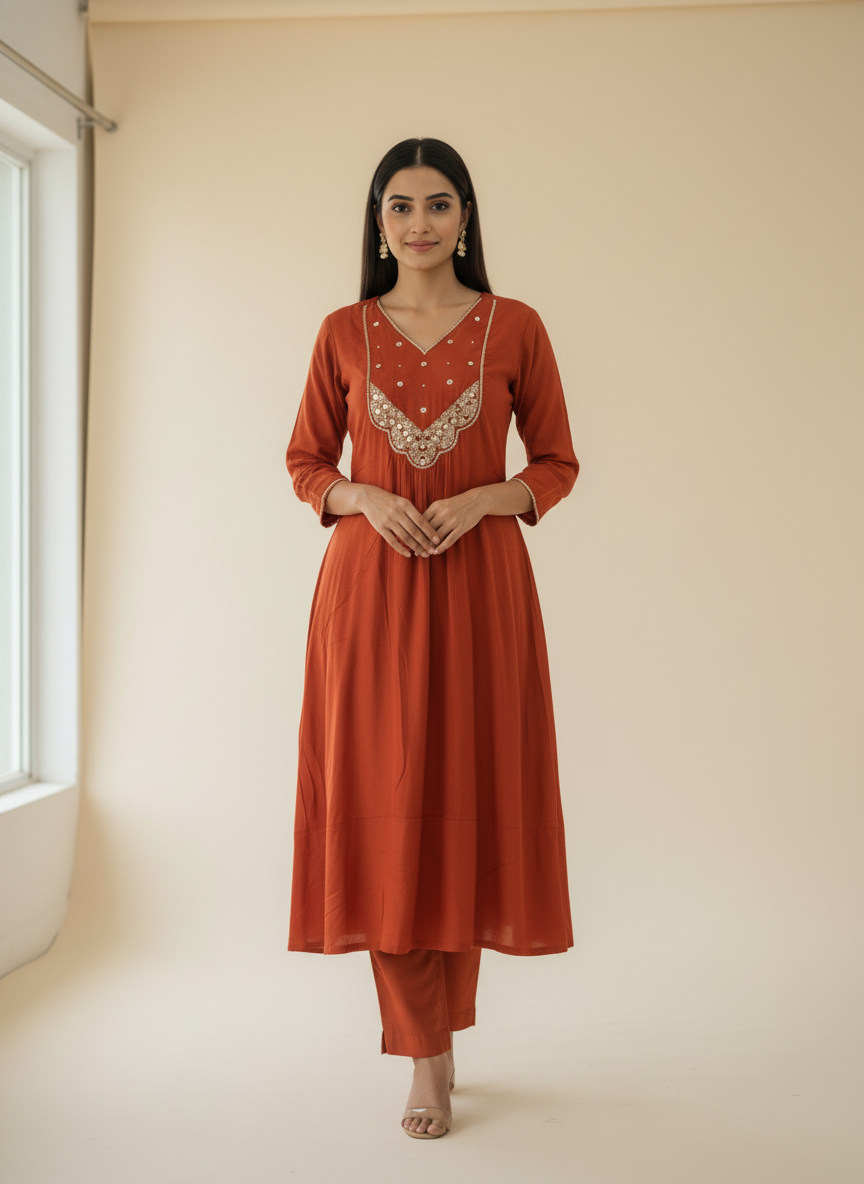 Rust Orange Embroidered Anarkali Kurta Set with Dupatta