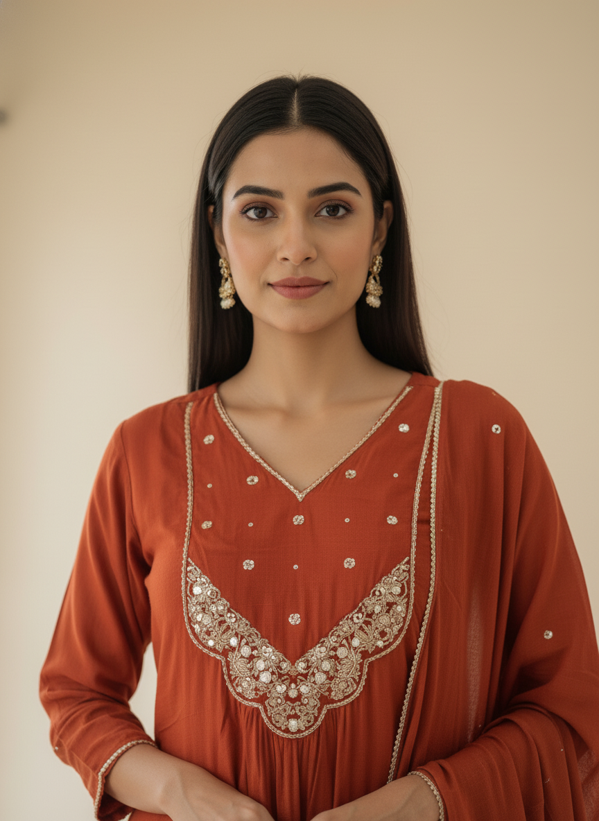 Rust Orange Embroidered Anarkali Kurta Set with Dupatta