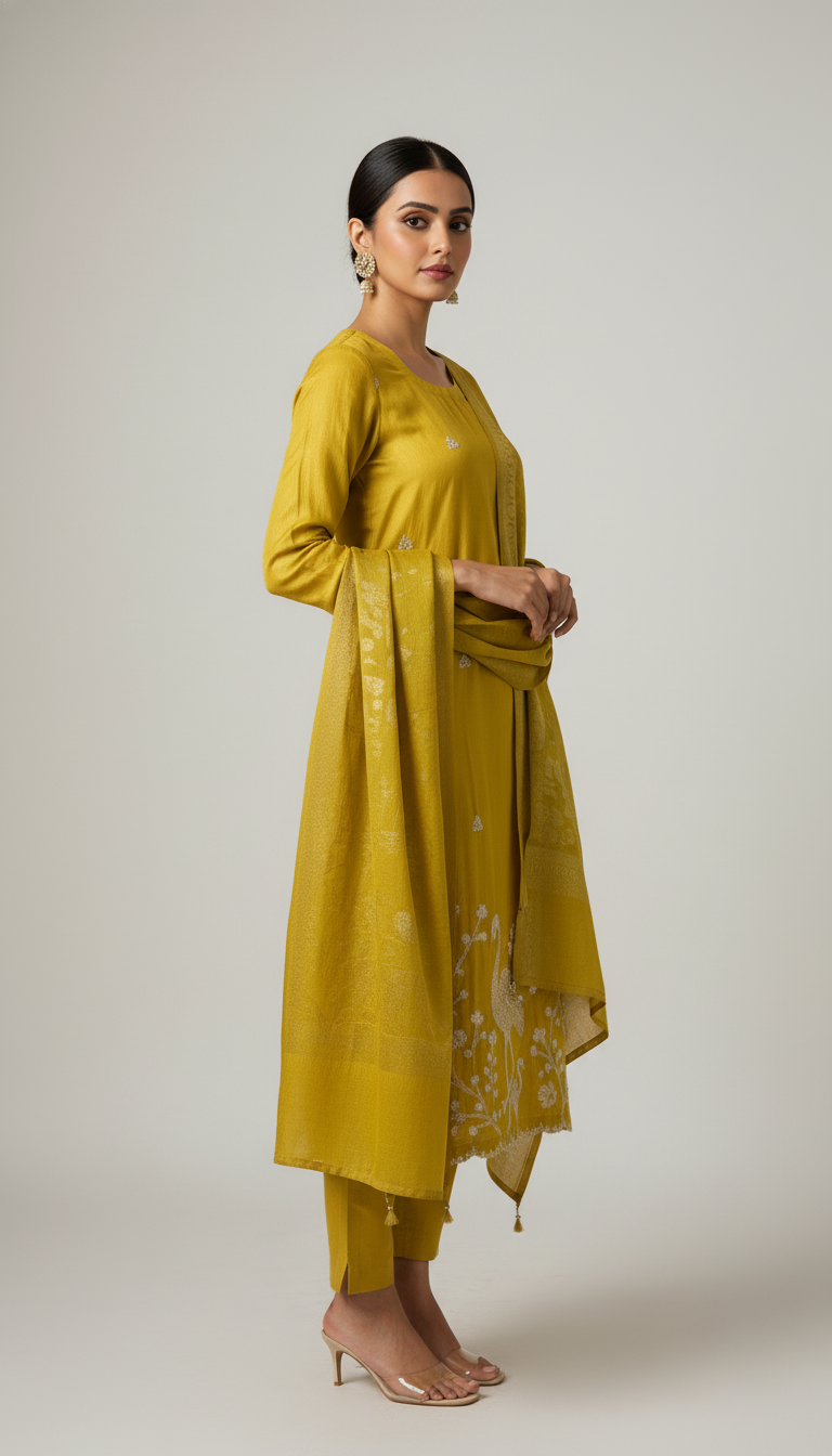 Mustard Yellow Flamingo Embroidered Kurta Set with Dupatta